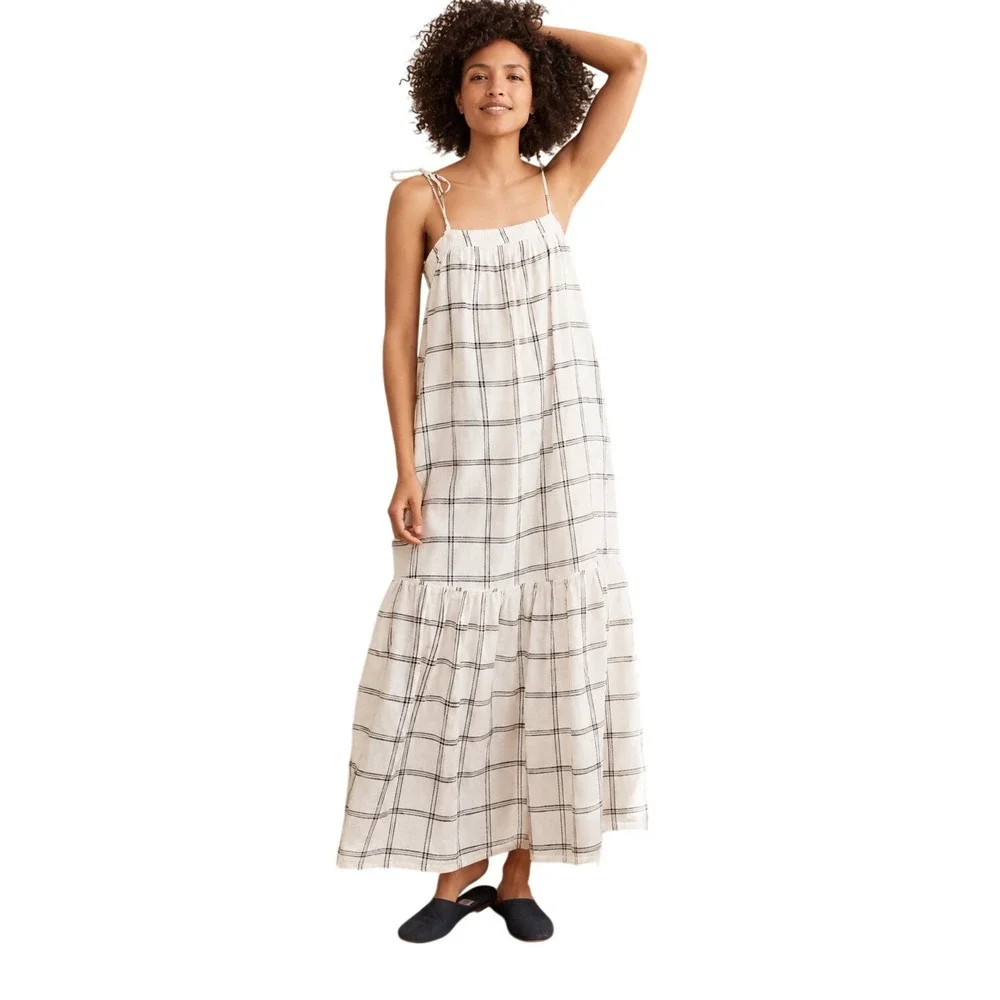 Abercrombie & Fitch Plaid  Maxi Linen Blend Dress XS Petite Coastal Cottage Chic
